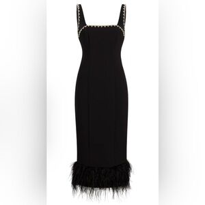 NWT Likely Black Embellished Midi Event Dress | Feather Trim Hem size 6